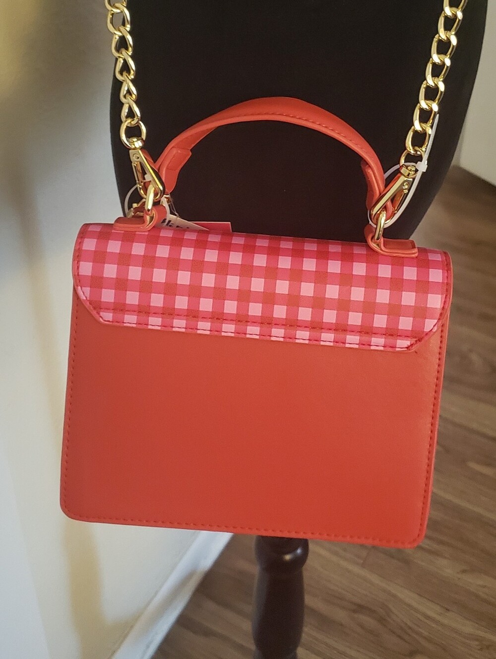 Betsey Johnson Red & Pink Gingham Top-Handle Satchel with Gold Chain - Picture 3 of 12